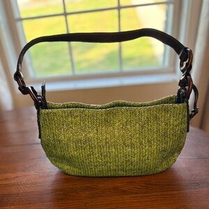 Fossil green tweed and brown leather baguette shoulder bag Y2K- EUC
